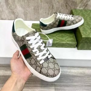 Gucci Ace Sneakers with Web Beige and Ebony GG Supreme – RGS72