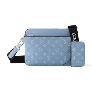 LV Trio Messenger Bag Sky Blue Monogram Canvas Taiga Cowhide Leather - RBV40