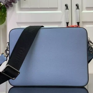 LV Trio Messenger Bag Sky Blue Monogram Canvas Taiga Cowhide Leather - RBV40