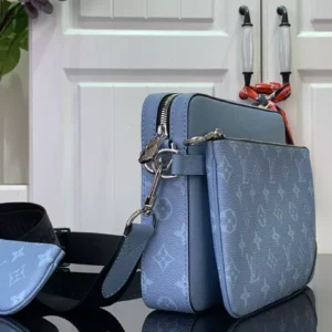 LV Trio Messenger Bag Sky Blue Monogram Canvas Taiga Cowhide Leather - RBV40