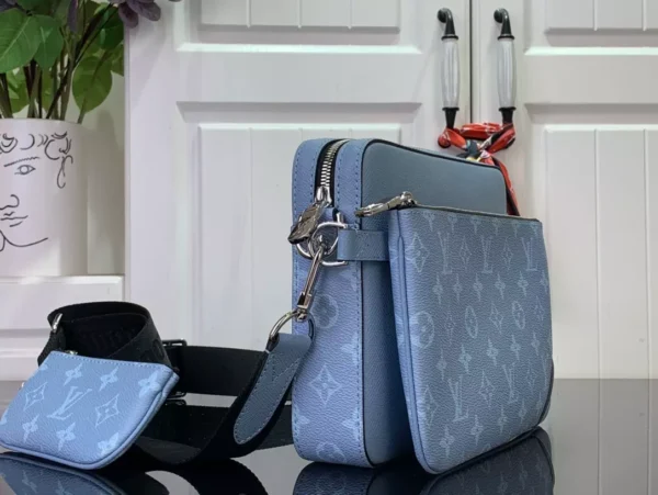 LV Trio Messenger Bag Sky Blue Monogram Canvas Taiga Cowhide Leather - RBV40
