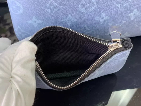 LV Trio Messenger Bag Sky Blue Monogram Canvas Taiga Cowhide Leather - RBV40