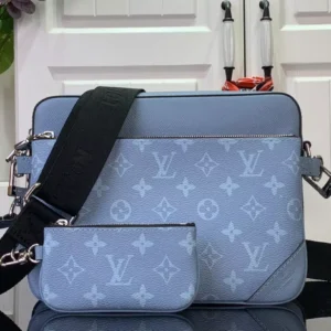LV Trio Messenger Bag Sky Blue Monogram Canvas Taiga Cowhide Leather - RBV40