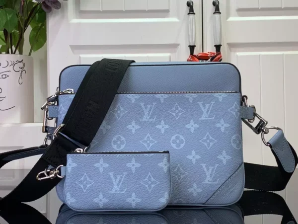 LV Trio Messenger Bag Sky Blue Monogram Canvas Taiga Cowhide Leather - RBV40
