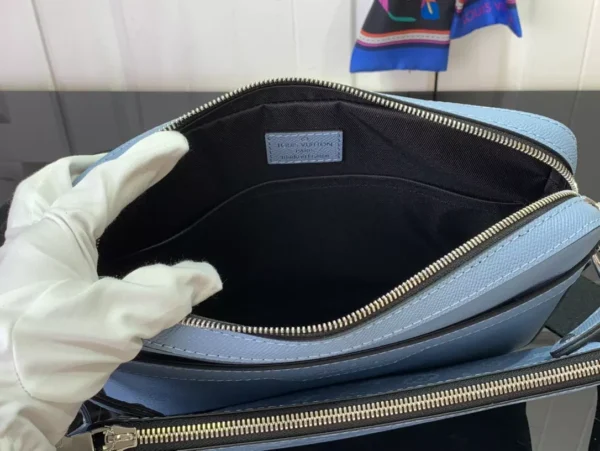 LV Trio Messenger Bag Sky Blue Monogram Canvas Taiga Cowhide Leather - RBV40