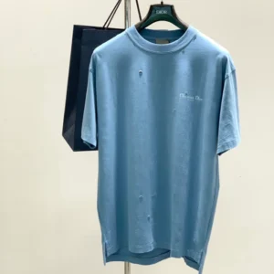 Christian Dior Couture T-Shirt, Relaxed Fit Blue Distressed-Effect Cotton Jersey - DRT10