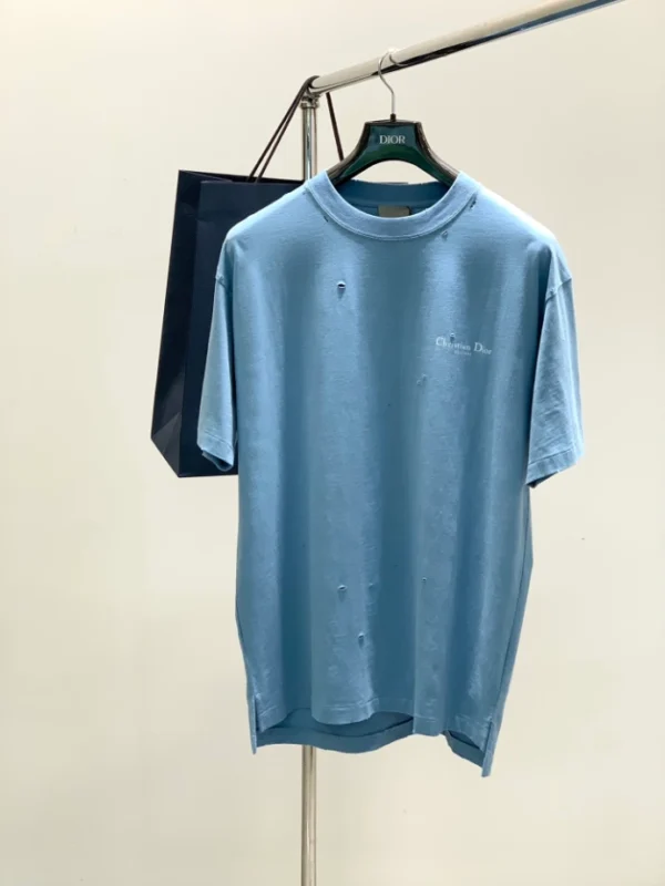 Christian Dior Couture T-Shirt, Relaxed Fit Blue Distressed-Effect Cotton Jersey - DRT10