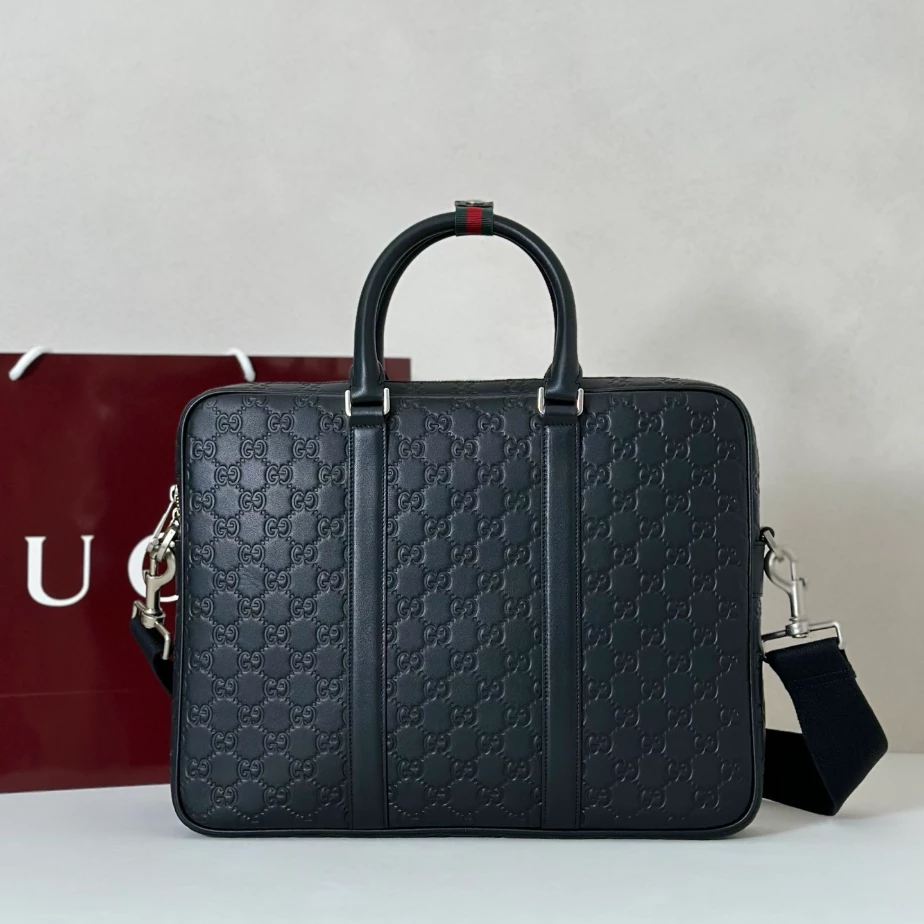 Gucci Emblem Large Briefcase In Black GG Leather - GB044