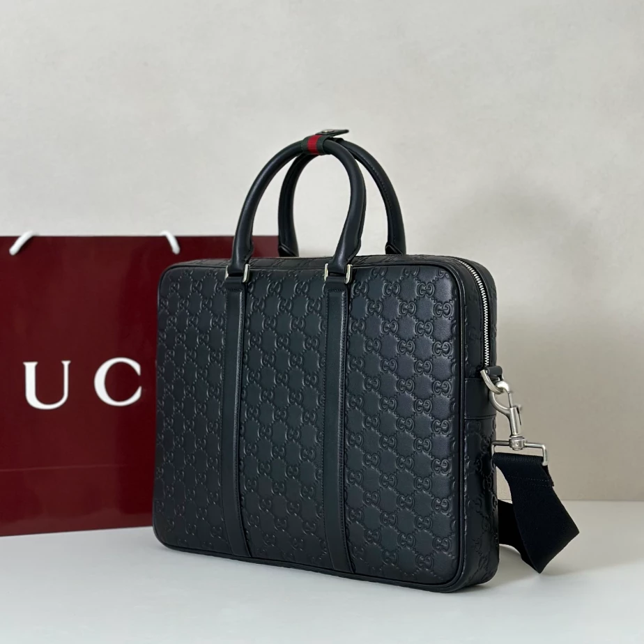Gucci Emblem Large Briefcase In Black GG Leather - GB044
